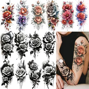 Sexy Rose Flower Leaves Waterproof Temporary Tattoo Sticker For Women Body Art Realistic Floral Tattoo