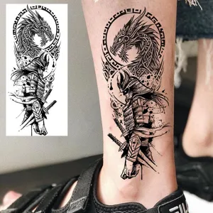 Pegatina de tatuaje temporal impermeable de dragón samurái blanco y negro para brazo.