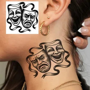 Temporary tattoo sticker comedy tragedy masks neck body art waterproof cool design body tattoo