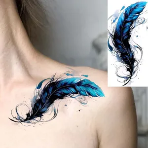 Autocollant de tatouage temporaire plume aquarelle bleue imperméable pour art corporel