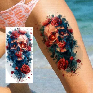 Halloween temporary tattoo sticker watercolor skull and red roses for arm leg 1pc