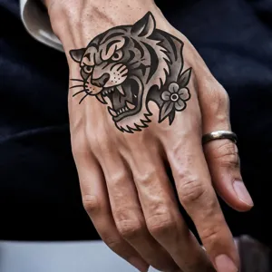 Traditional tiger head temporary tattoo sticker for hand, realistic black grey body art design.
