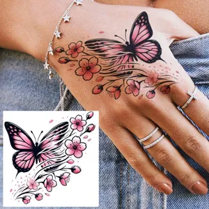 Pink butterfly cherry blossom temporary tattoo sticker for back of hand body art decor