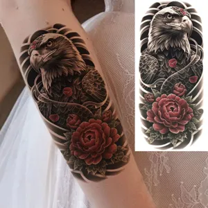 Tatuaggio temporaneo aquila e peonia per braccio e gamba, design d'arte corporea realista.