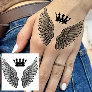 Temporary tattoo sticker featuring angel wings and crown design, perfect for hand back decoration.