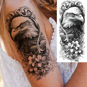 Adesivo per tatuaggio temporaneo impermeabile con design di aquila e fiori per braccio e gamba.