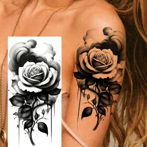 Sexy rose flower leaf temporary tattoo sticker for arm, realistic black grey body art decor.