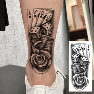 Tijdelijke tattoo sticker zwart wit realistisch poker dobbelsteen dollar roos ontwerp