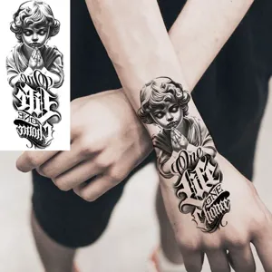 Zwart-wit realistische biddende engel tijdelijke tattoo sticker voor armen en handen.