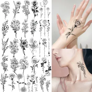 Adesivi Per Tatuaggi Temporanei Impermeabili Nero Rosso Rosa Fiore Finto Tatuaggio Per Donne Uomini Corpo Braccio Collo Arte Tatuaggio