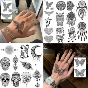 Autocollant de Tatouage Temporaire Imperméable Noir Géométrique Mandala Plume Papillon Design Body Art Maquillage Autocollant