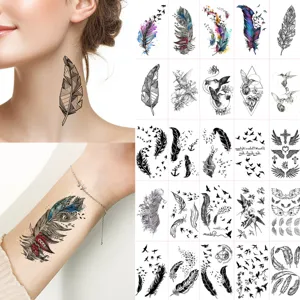 Waterproof Temporary Tattoo Stickers Feather Bird Design Black And Color Body Art Fake Tattoo For Women Men Party