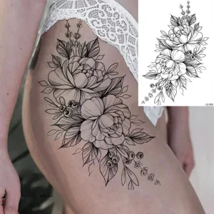 Adesivo per tatuaggio floreale temporaneo per coscia, design di peonia nera impermeabile chic.