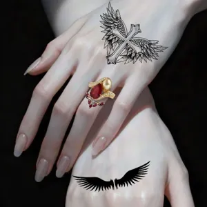 Waterproof temporary wing cross hand tattoo sticker fashion body art design for daily wear.