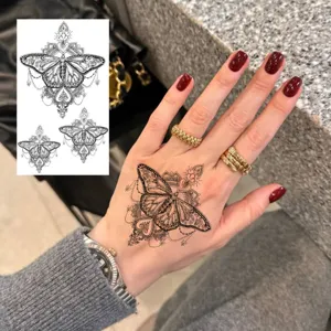 Tatouage temporaire papillon au henné autocollant pour main art corporel étanche design dentelle.