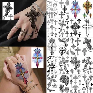 Autocollant de Tatouage Transfert d'Eau Temporaire Imperméable Art Corporel Motif Croix Gothique pour Main Cou Femmes Hommes