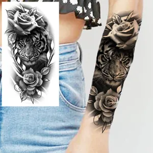 Adesivo per tatuaggio tigre rosa temporaneo per braccio e jambe, body art realistico nero grigio.