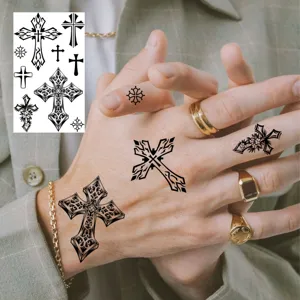 Autocollants de tatouage temporaire pour art corporel de la main, motif de croix gothique.