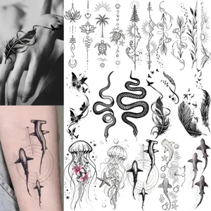Waterproof Temporary Tattoo Stickers Marine Animals Snake Lotus Black Minimalist Body Art Fake Tattoo For Women Men