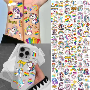 Pegatinas de Tatuaje Temporal para Niños Lindos Unicornio de Arcoíris Dibujos Animados Impermeable Falsos Tatuajes Fiesta