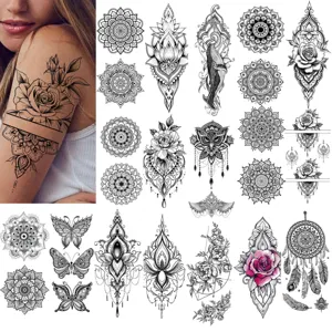 Adesivo Tatuaggio Temporaneo Trasferimento d'Acqua Geometrico Mandala Henna Nero Bianco Arte Corporea Finto Tatuaje Per Braccio Mano