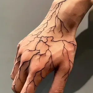 Black and white totem hand tattoo sticker, abstract lightning line temporary body art.