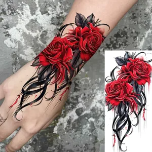 Floral temporary tattoo sticker with red roses and black lines for hand wrist and leg