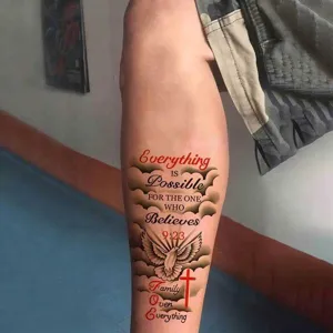 Temporary tattoo sticker featuring cross dove and inspiring English quotes for arm or leg.