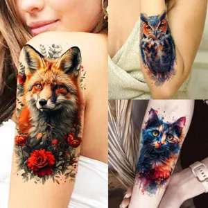 Watercolor animal temporary tattoo stickers for arm, vibrant floral fox owl cat design art.