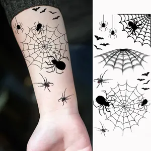Halloween temporary tattoo sticker featuring spider webs, black spiders, and spooky bats for party.