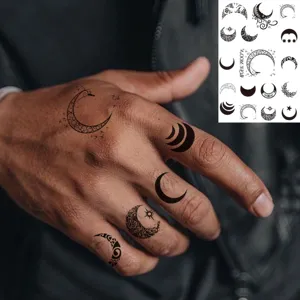 Black white moon totem hand finger temporary tattoo stickers ins style body art main view