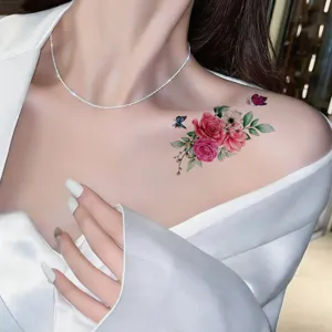 Autocollant de tatouage floral coloré imperméable pour clavicule et épaule art corporel.