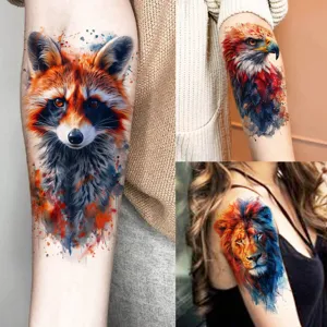Watercolor animal temporary tattoo stickers for arm, realistic fake body art designs.