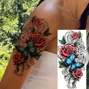 Waterproof temporary tattoo sticker with beautiful rose flowers and blue butterfly design for arm.