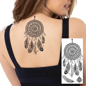 Adesivo tatuaggio temporaneo con design acchiappasogni mandala piuma per schiena e braccio.