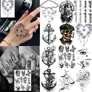 Adesivo per Tatuaggio Temporaneo Impermeabile Arte Linea Nera Bussola Teschio Floreale Body Art