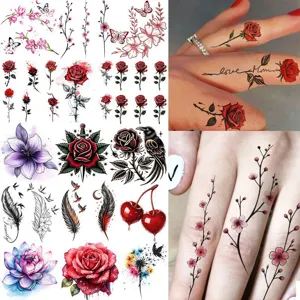Water Transfer Rose Flower Branch Temporary Tattoo Stickers Waterproof Black Line Body Art Fake Tattoo For Women Party