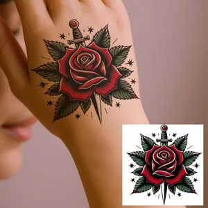 Traditional red rose dagger temporary tattoo sticker for hand body art waterproof fashion style.