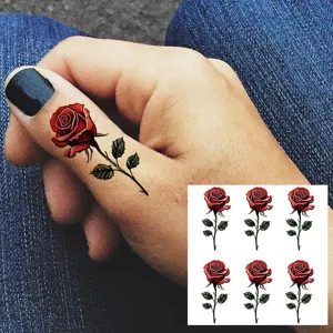 Red rose branch temporary tattoo sticker for fingers, realistic floral body art design.