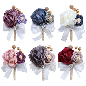 Elegant fabric rose boutonniere set for wedding groom best man suit accessories corsage pins