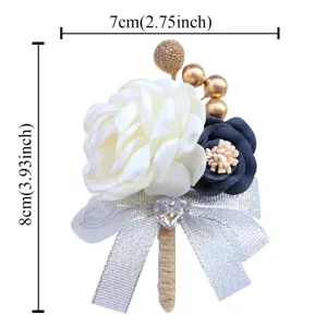 Elegant wedding boutonniere with white and navy flowers, crystal heart ribbon, 7x8cm size.