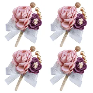 Korean style wedding bride groom fabric flower boutonniere with ribbon and gold beads decor