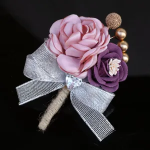 Korean wedding corsage boutonniere with pink rose purple flower silver bow crystal detail