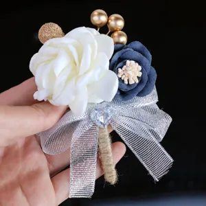 Korean wedding bride groom boutonniere artificial flower brooch with silver ribbon bow.