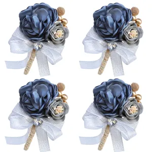Korean style wedding groom corsage blue fabric flower with silver bow tie boutonnieres