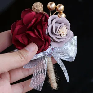 Korean Style Wedding Groom Boutonniere Artificial Flower Brooch Silver Bow Crystal Decor