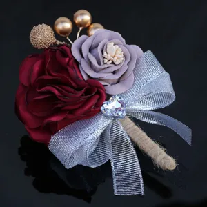 Exquisite detail shot of the Korean style wedding boutonniere featuring roses and bow.