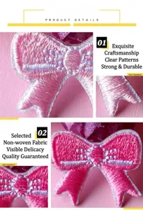 Patch brodé nœud rose pour vêtements, joli appliqué thermocollant avec coutures fines et détails.