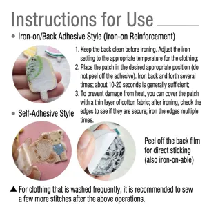 Guide d'instructions pour patchs brodés, détails d'appliques thermocollantes et autocollantes.