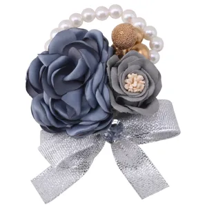 Exquisite Korean style wedding corsage wrist flower with fabric roses pearls and silver bow.